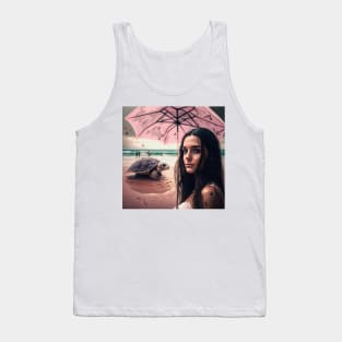 Beach Daydream - Woman with pink umbrella and a turtle in the beach. Tank Top